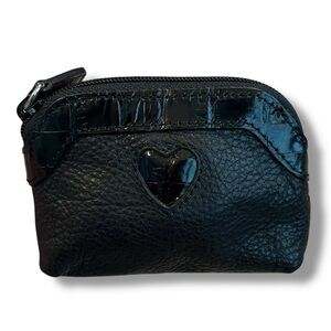 Brighton Mini Zip Coin Purse Pouch Black Leather Heart Inset Lined 4" x 3"